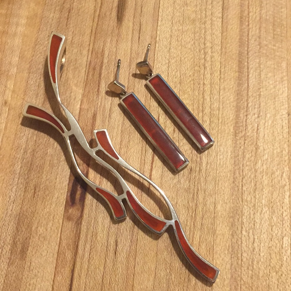 Stirling Silver Red Jade Pendant and Earrings